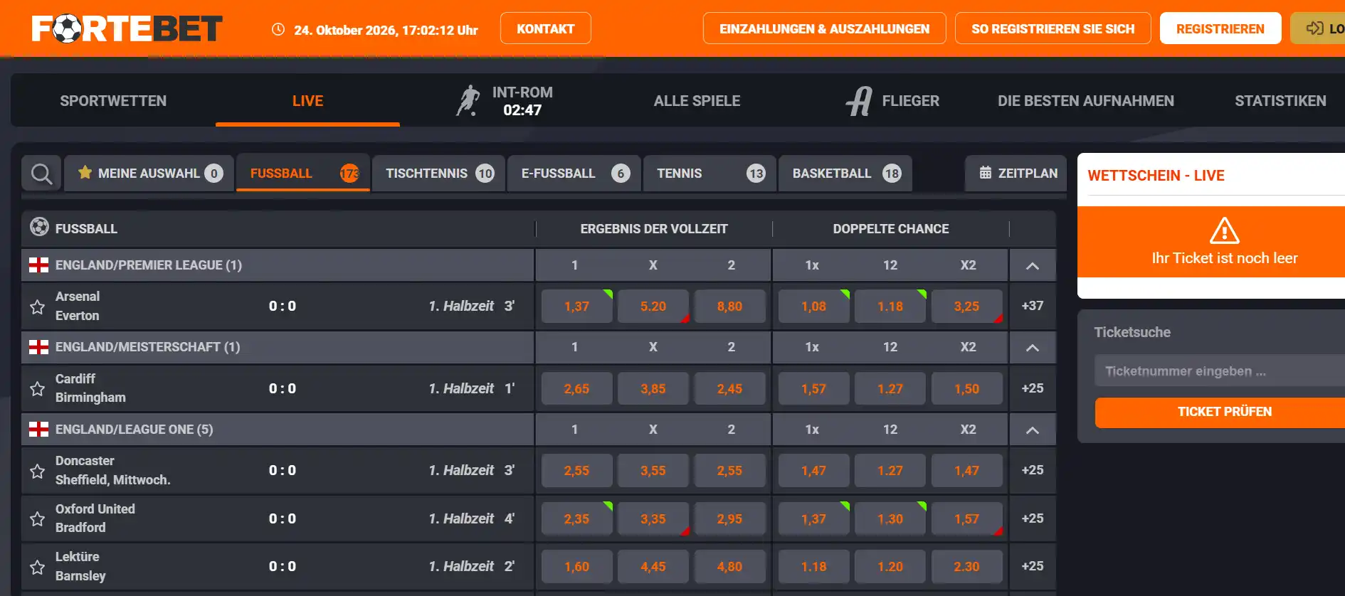 Live-Sportwettenansicht mit laufenden Spielen, Quoten und Statistikfeldern