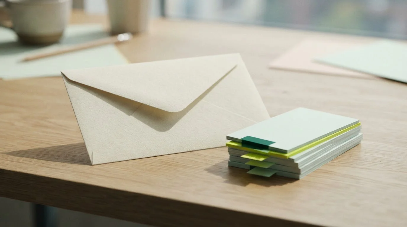 Briefumschlag mit Zahlungsbelegen und geordneten Papierstreifen auf einem Tisch