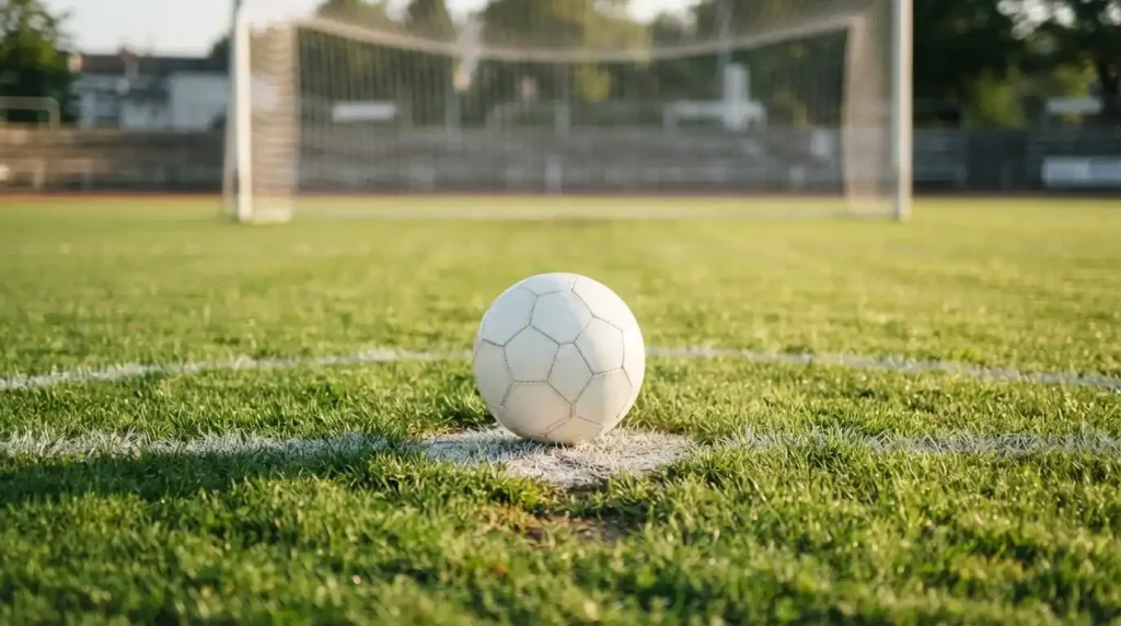 Fußball auf markiertem Elfmeterpunkt mit Tor und Rasenlinien im Hintergrund