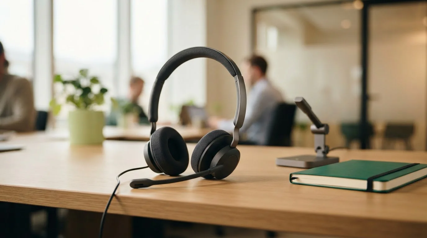 Telefon-Headset mit Mikrofon auf einem Schreibtisch neben Notizblock